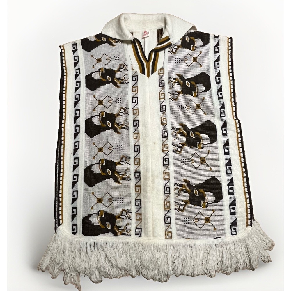 VTG Liepel Mexican Knit Poncho Cape Sweater Fringe Eagle Deer Southwestern 70s